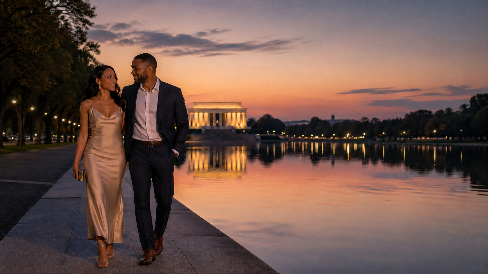 Couple enjoying an evening monument walk near the Lincoln Memorial during a Washington DC couples trip