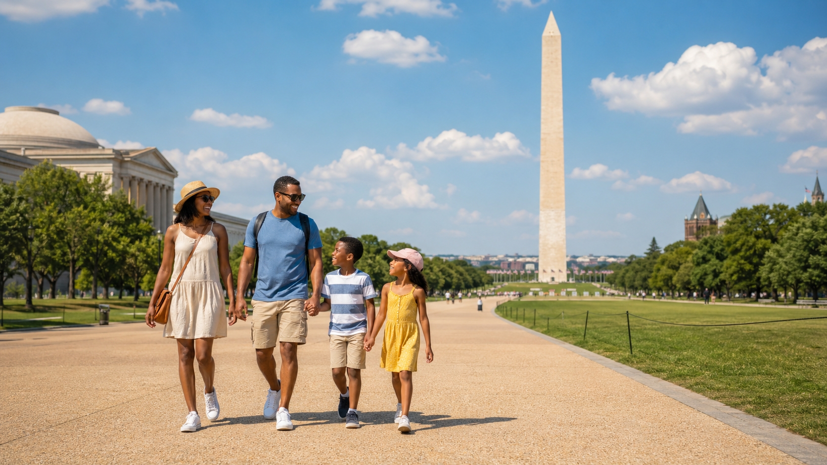 Family walking on the National Mall in Washington DC during summer with the Washington Monument, museums, and America 250 events nearby