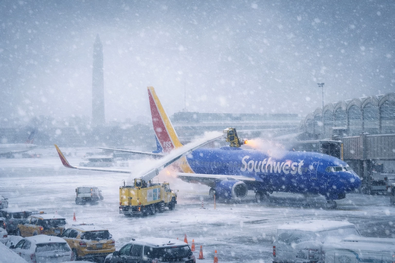 Aircraft being de-iced during a major winter storm causing Washington DC flight cancelations as travelers monitor airport disruptions near the nation’s capital before continuing their stay at The Inn at Stonecliffe.