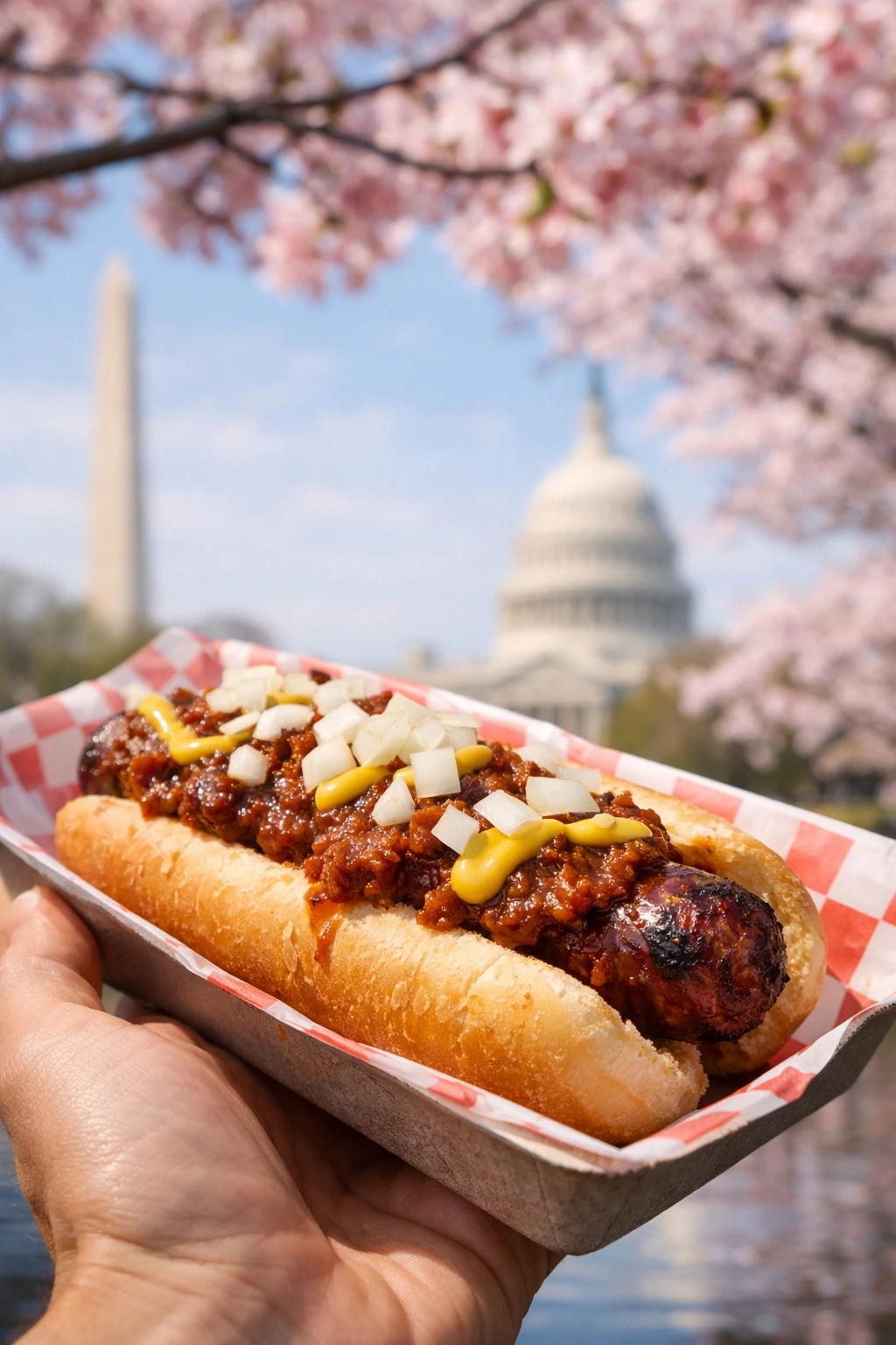 half smoke sausage with chili mustard onions Washington DC cherry blossom season