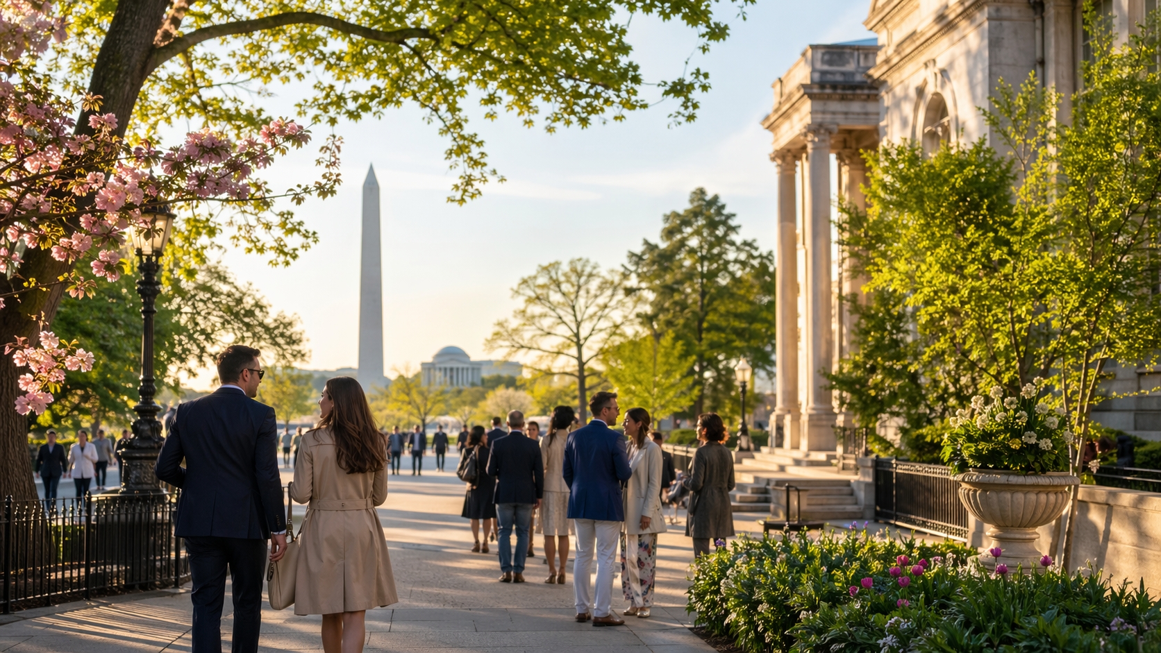 Visitors enjoying Washington DC in May during a spring festival near downtown, with warm weather, cultural events, and walkable sightseeing near the White House.