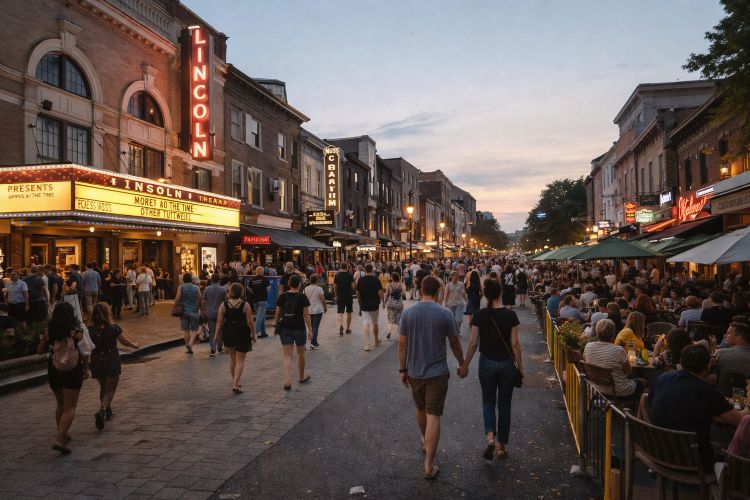 Evening street scene in a Washington DC live music neighborhood with illuminated venues, restaurants, and pedestrians enjoying nightlife