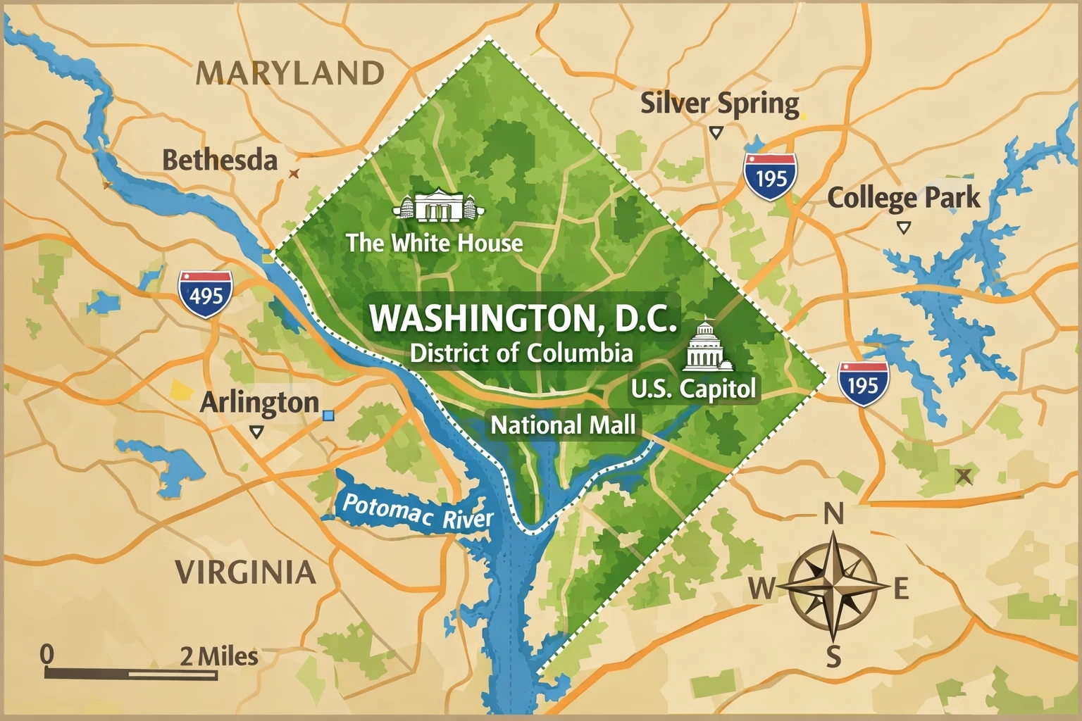 Map showing Washington DC highlighted between Maryland and Virginia with the Potomac River, National Mall, White House, and US Capitol labeled