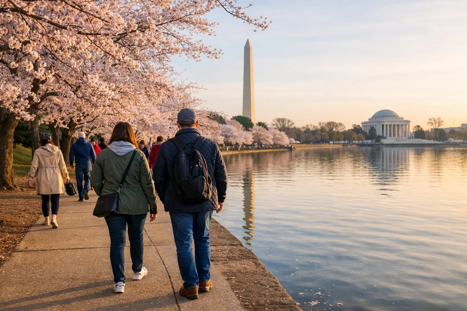 Travelers walking along the Tidal Basin in Washington DC in March wearing layered spring outfits during cherry blossom season