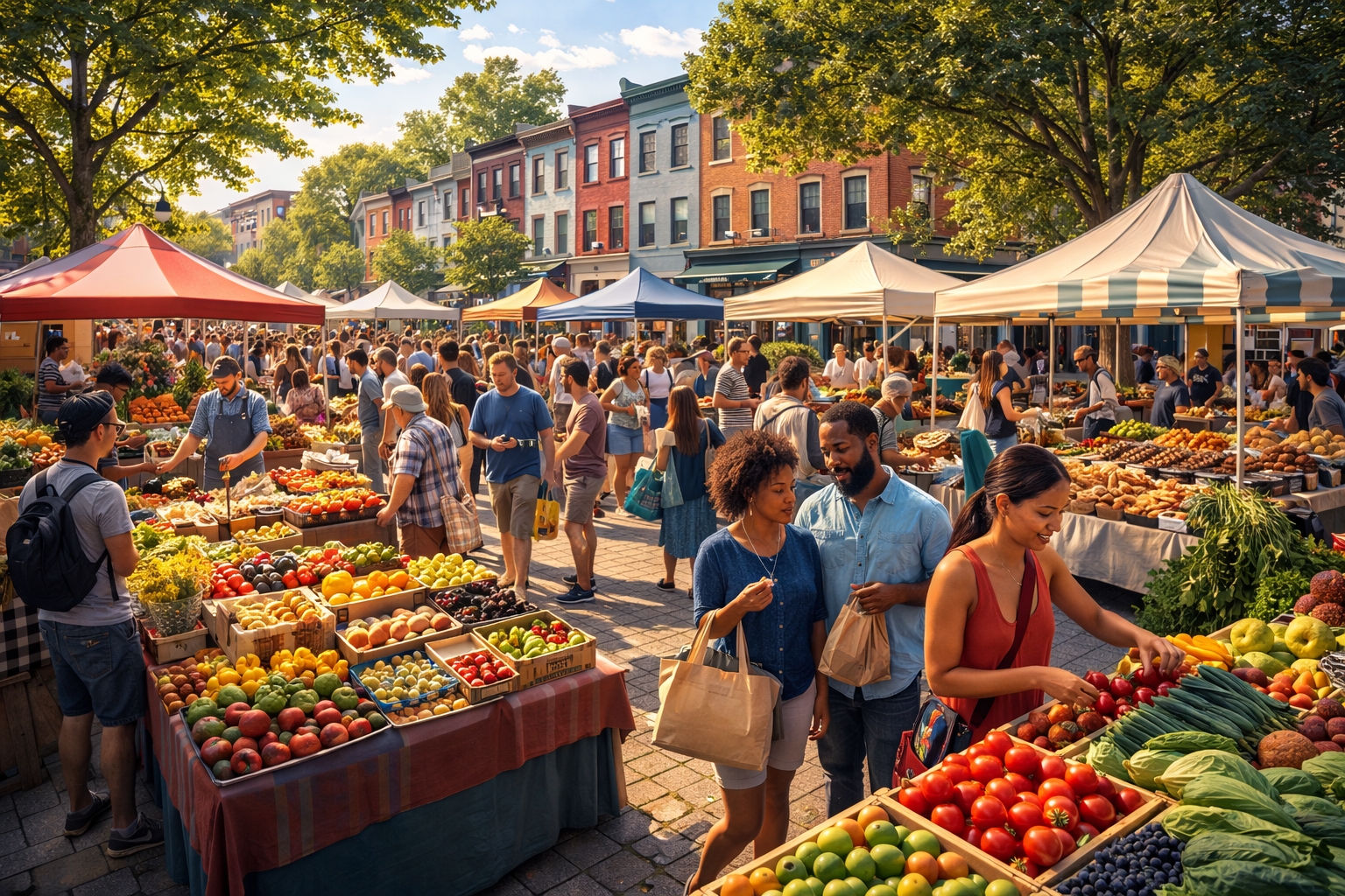 Outdoor food market in Washington DC with farmers stalls, fresh produce and diverse shoppers exploring local culinary offerings.