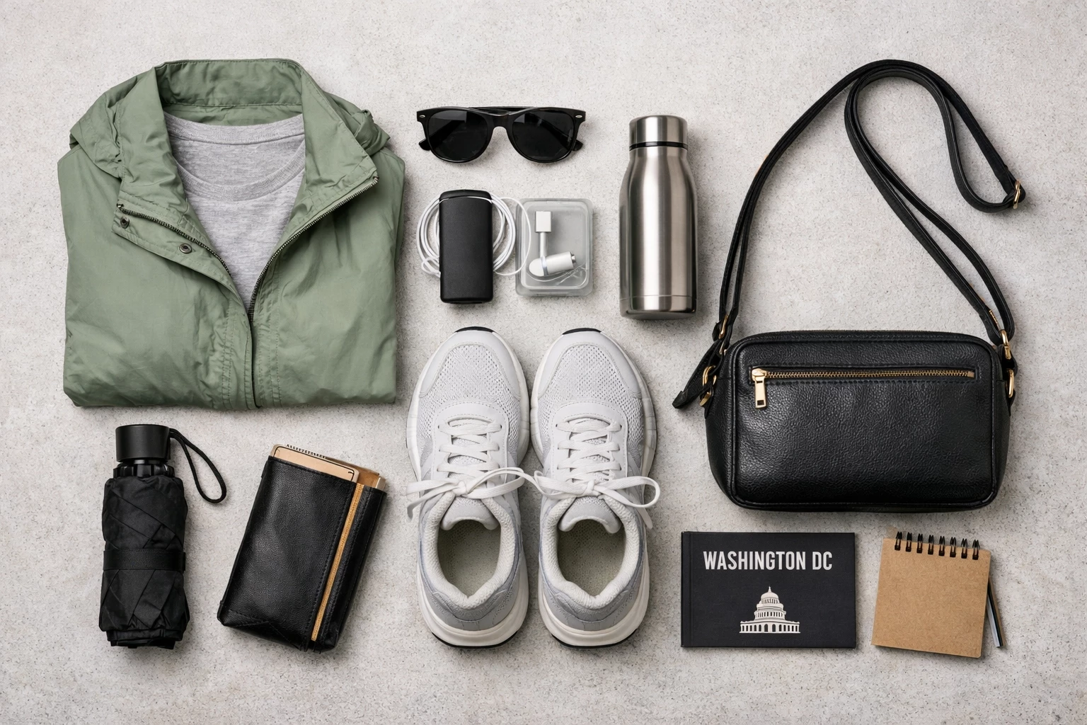 Washington DC May packing list with light jacket, umbrella, sneakers, sunglasses, water bottle, and travel essentials for spring