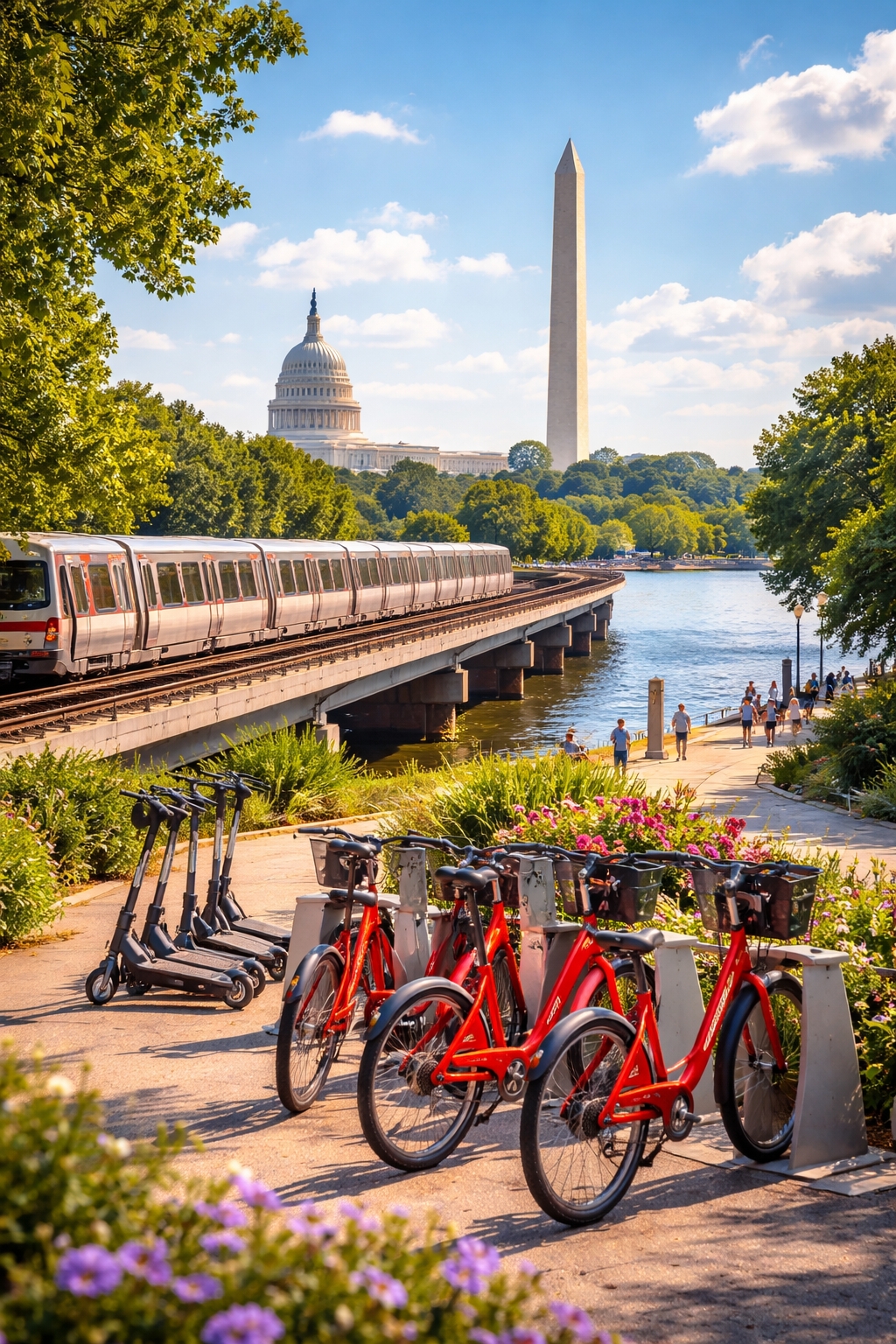 a group of bicycles next to a river
