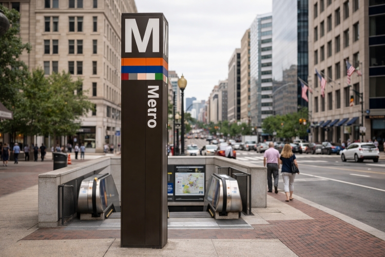 Washington DC Metro entrance with brown pillar and M sign in downtown city street