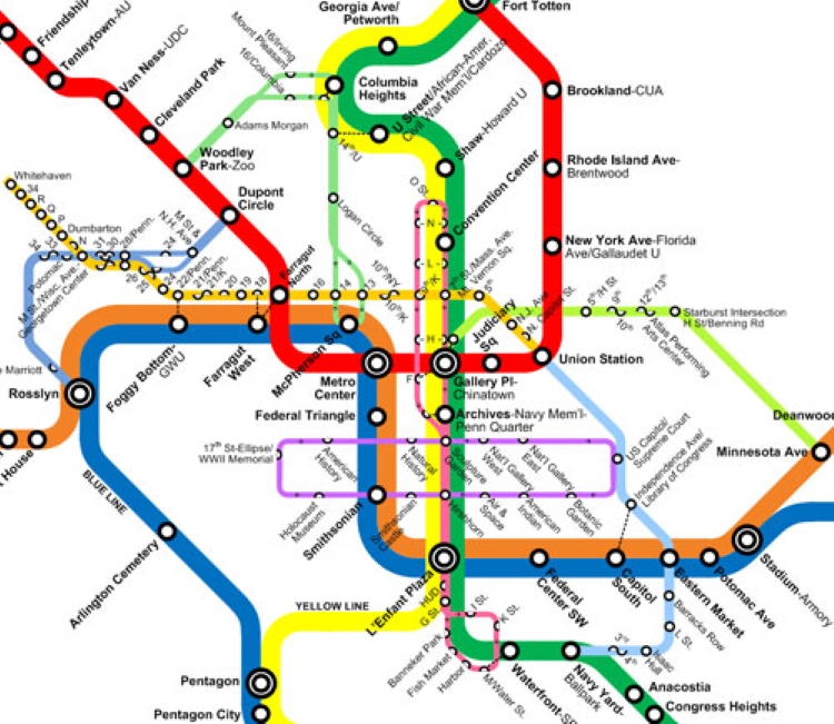 Washington DC Metro map showing Red, Blue, Orange, Silver, Yellow and Green lines with stations
