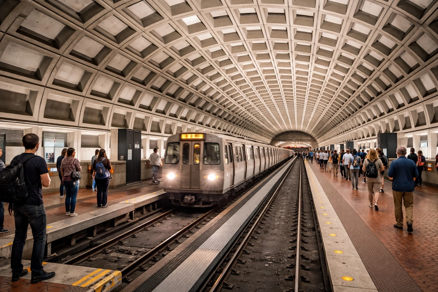 Washington DC Metro station platform with train arriving under vaulted concrete ceiling architecture