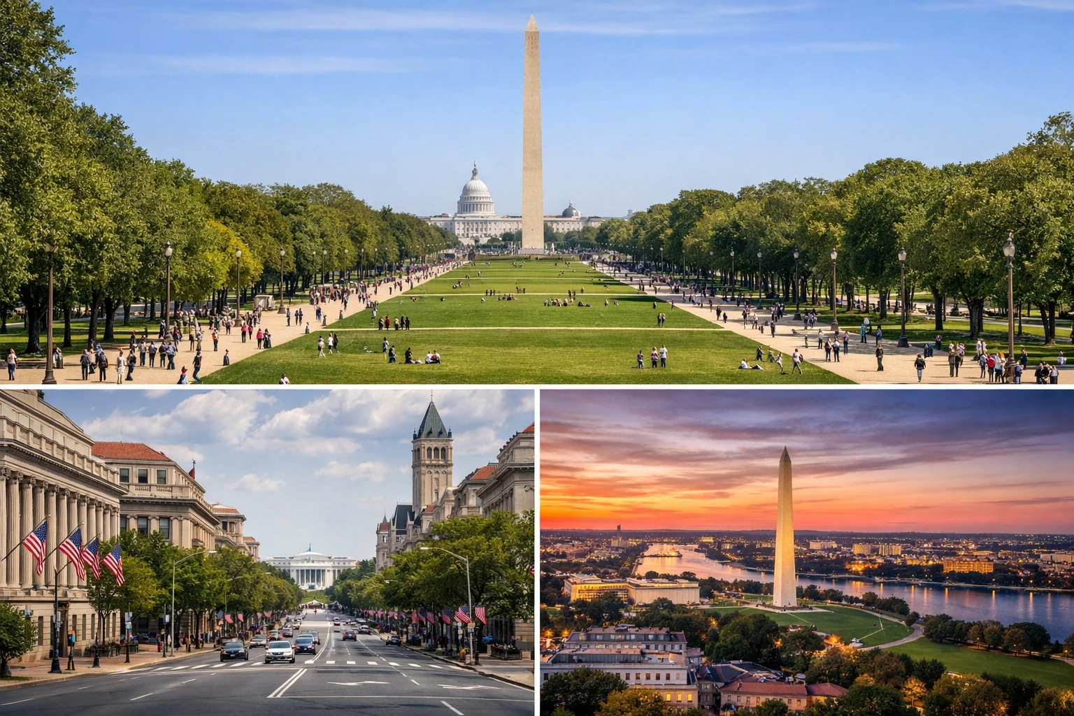 National Mall Washington DC with Washington Monument and US Capitol representing the historic federal district of Columbia and the capital of the United States