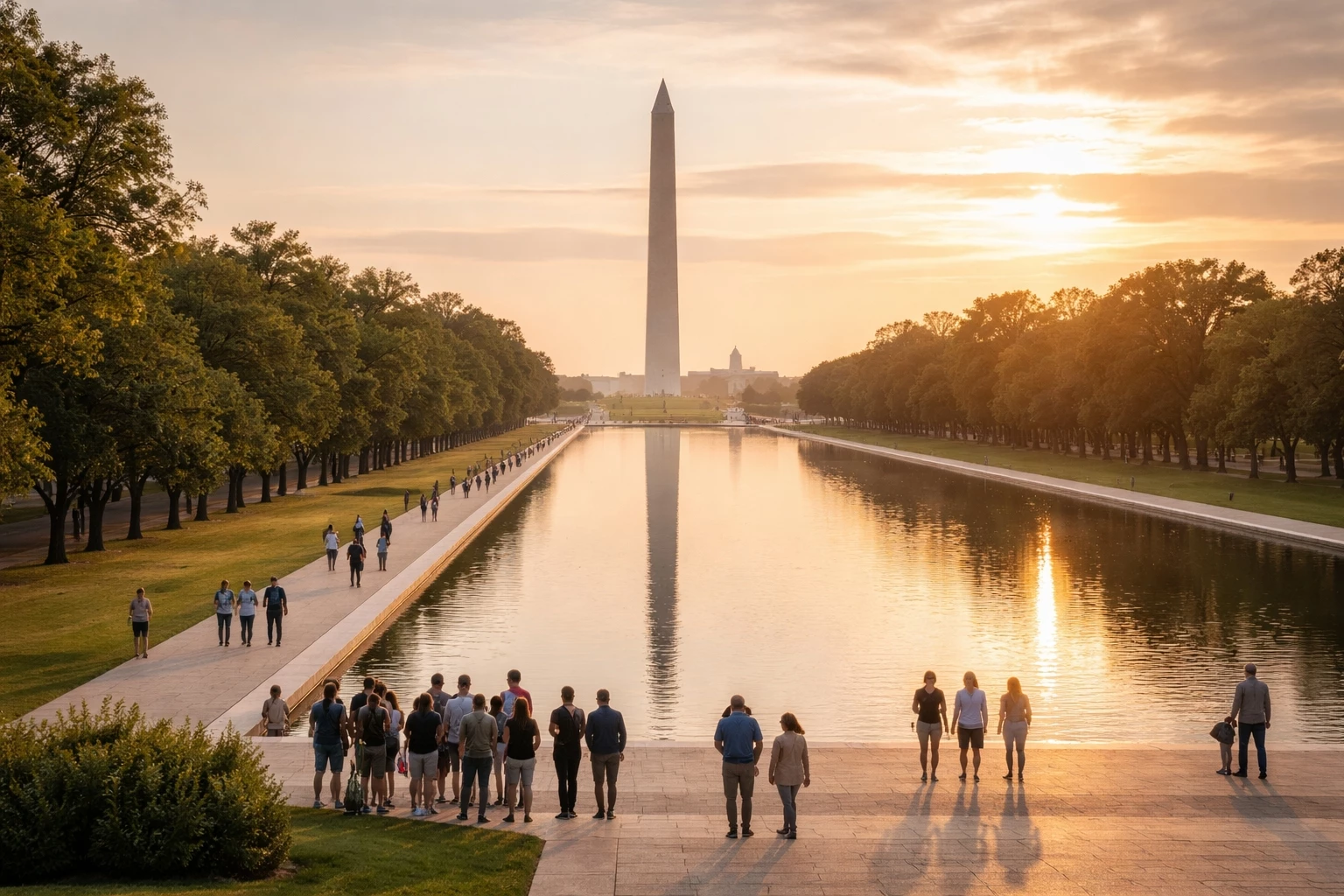 Visitors walking along the National Mall near the Washington Monument during a guided tour of Washington DC historical monuments.
