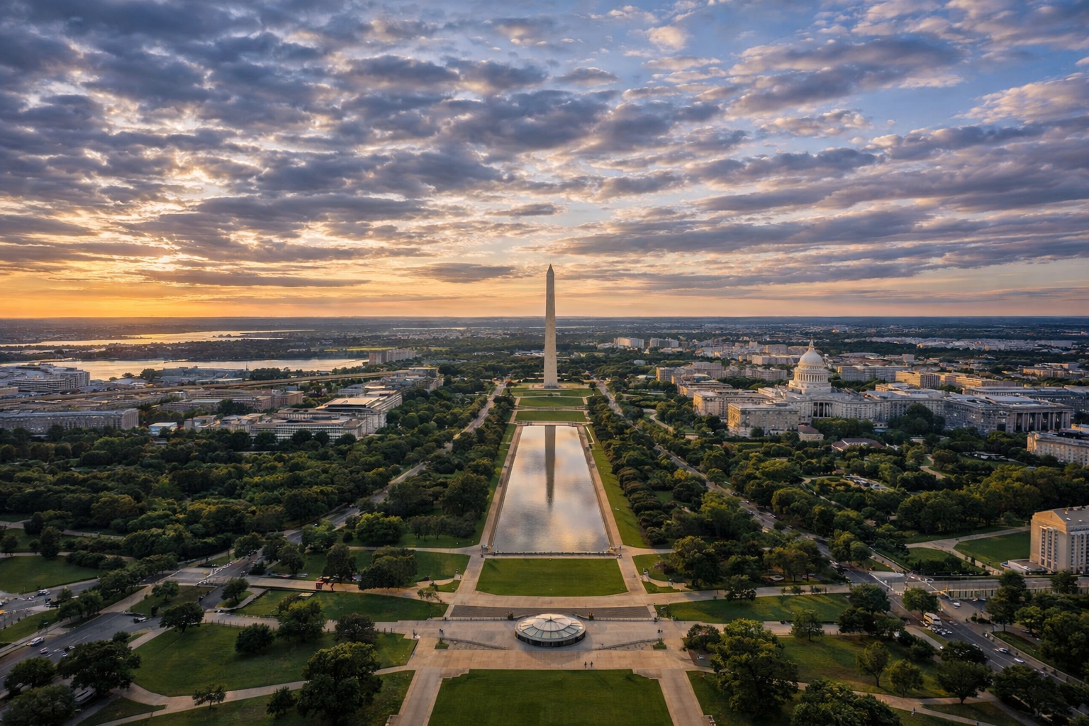 Aerial view of Washington DC neighborhoods including Georgetown, Capitol Hill, Dupont Circle and surrounding districts near the White House.