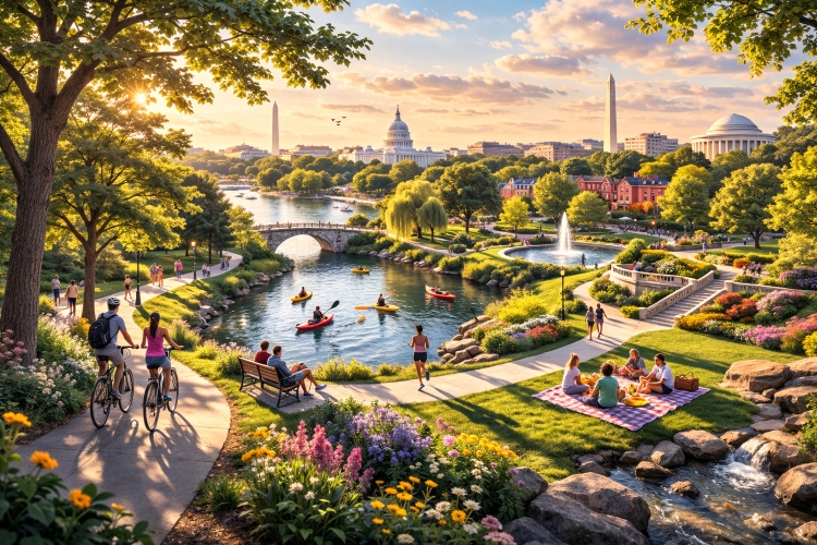 Tree-lined trails and open green space in Washington DC parks showing outdoor recreation near urban architecture and formal gardens.