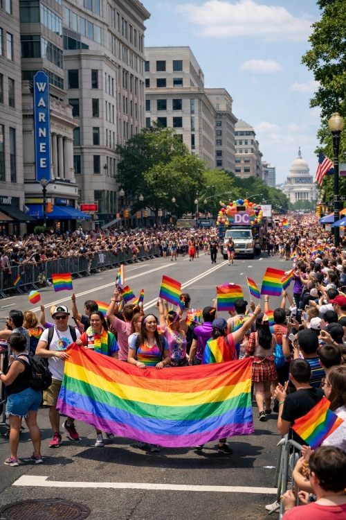 Washington DC Pride Parade with rainbow flags and large crowds celebrating in downtown streets