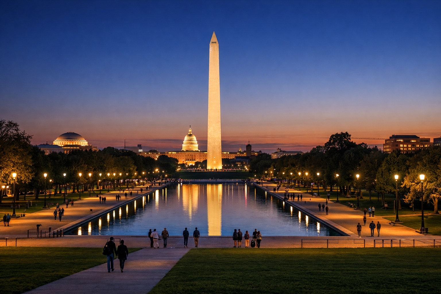Twilight view of the National Mall in Washington DC with illuminated monuments and well-lit pathways, highlighting central tourist areas often considered safe for visitors