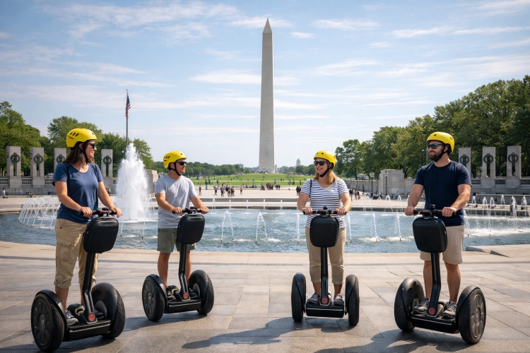 Segway tour group exploring monuments near the World War II Memorial in Washington DC.