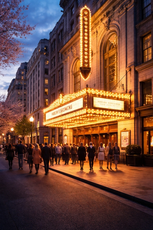 Historic theater in Washington DC illuminated at night during a March performing arts event with visitors arriving for concerts and stage performances