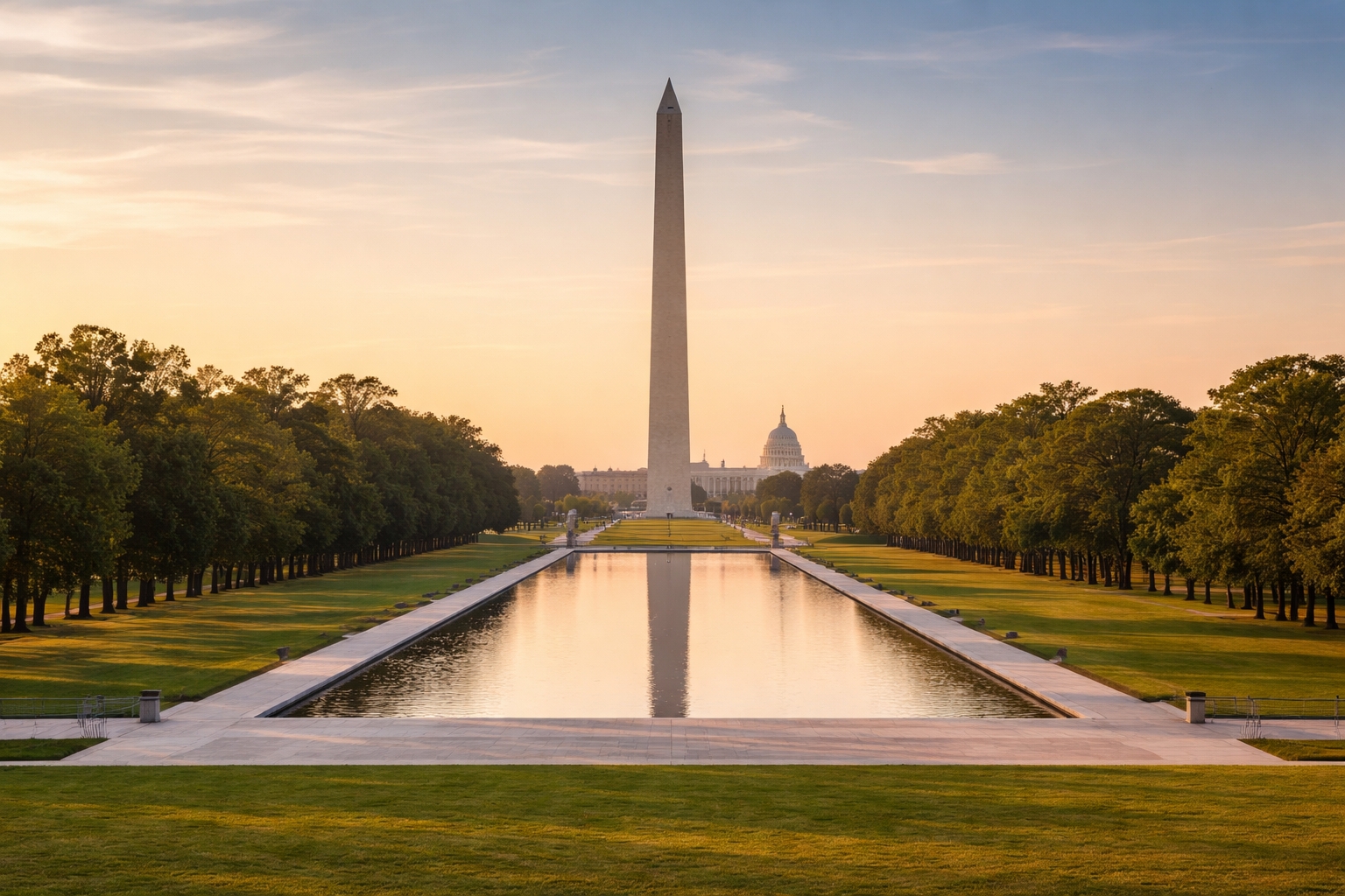 Washington DC travel guide featuring the National Mall with views of the Washington Monument and U.S. Capitol, highlighting iconic landmarks and walkable attractions