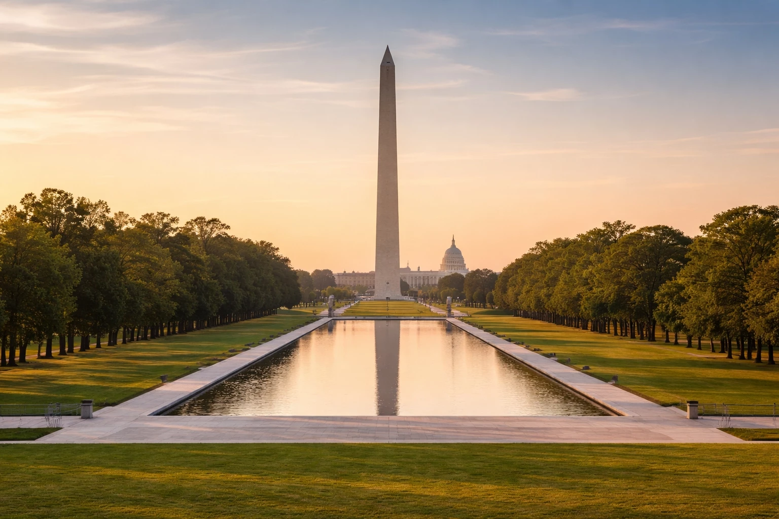 Washington DC travel guide featuring the National Mall with views of the Washington Monument and U.S. Capitol, highlighting iconic landmarks and walkable attractions