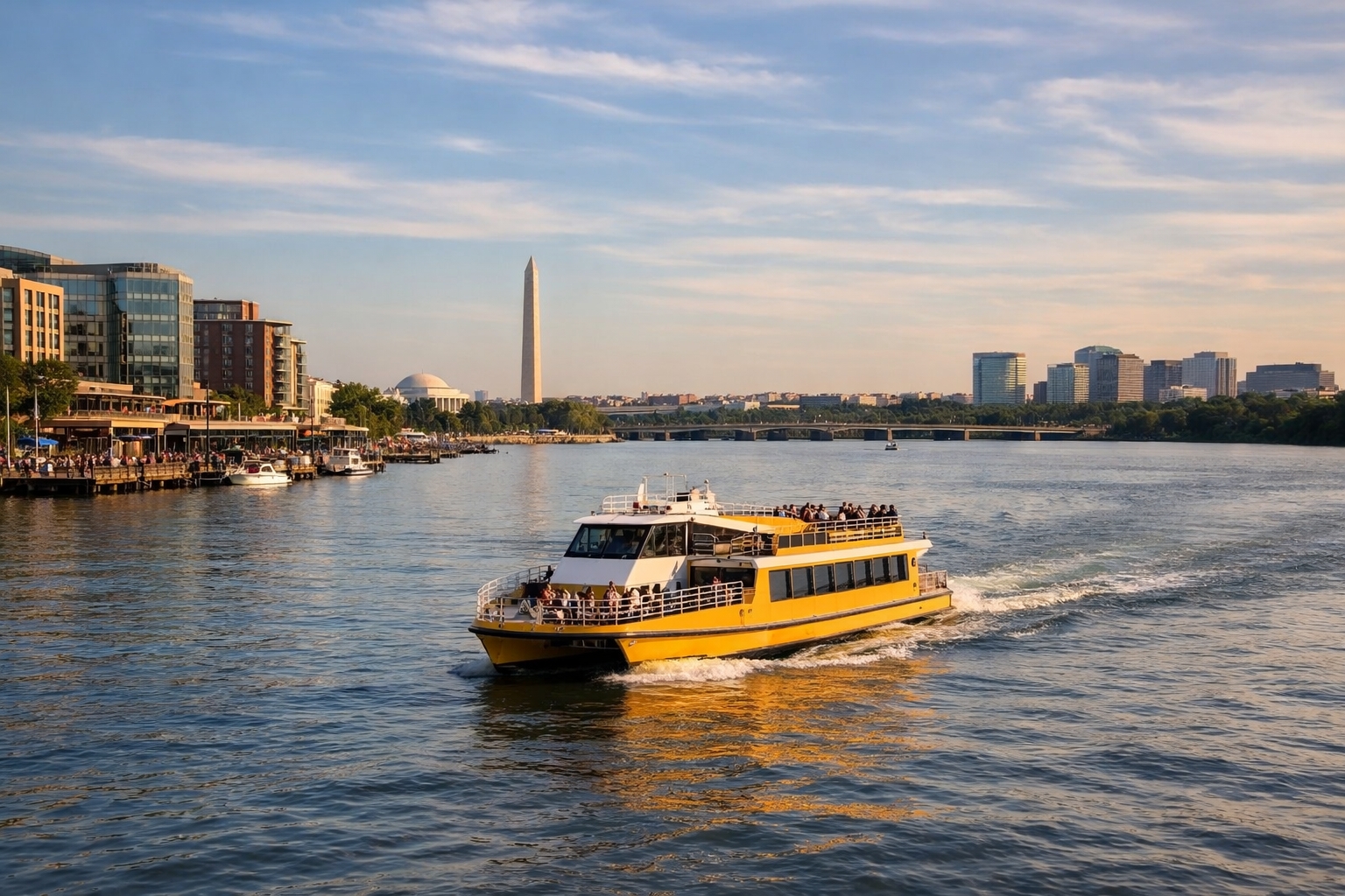 Washington DC water taxi cruising along the Potomac River near The Wharf with skyline views and waterfront piers in the background