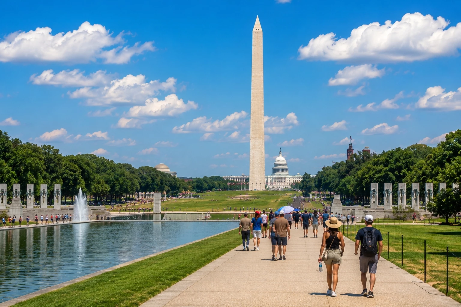 Summer weather in Washington DC in August with visitors walking near the National Mall on a warm day