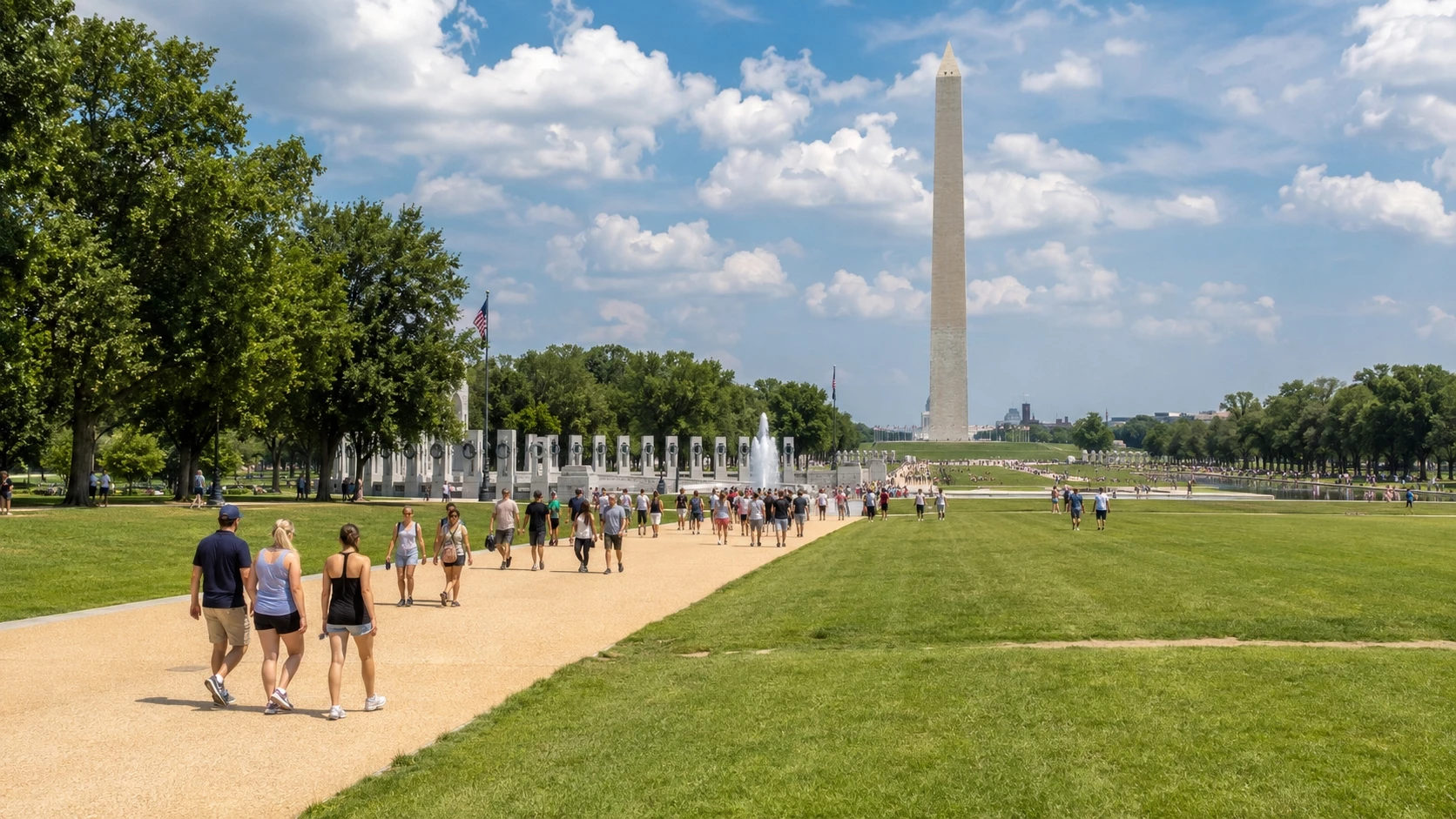 Visitors walking on the National Mall during Washington DC weather in June with warm sunshine, green lawns, and summer clouds.
