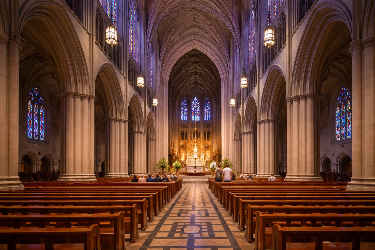 Interior of Washington National Cathedral with stained glass and vaulted ceilings in Washington DC
