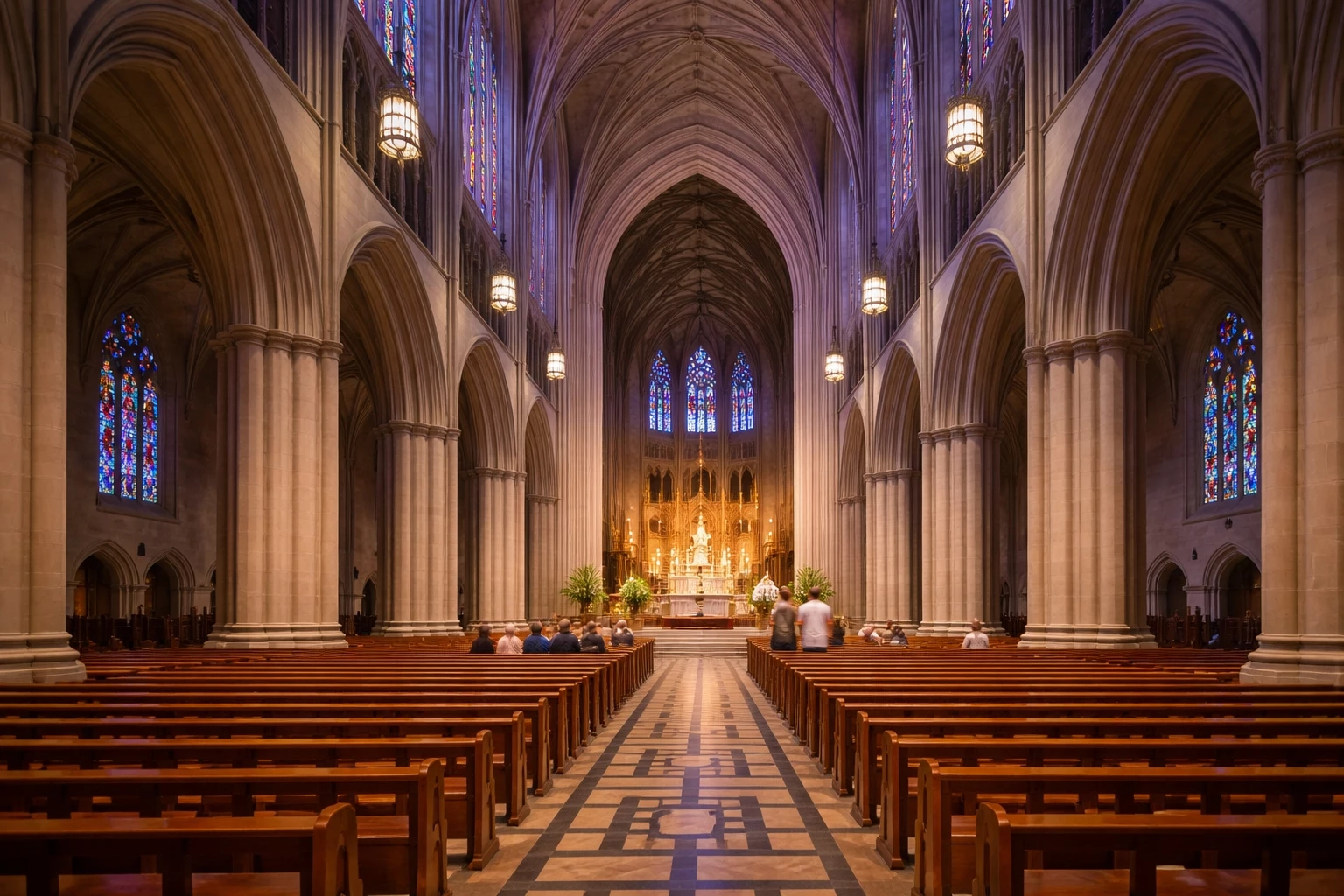 Interior of Washington National Cathedral with stained glass and vaulted ceilings in Washington DC