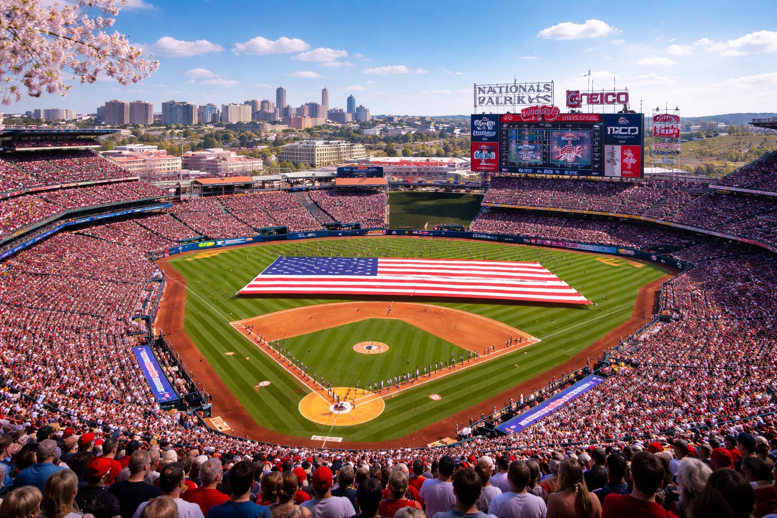 Crowd filling Nationals Park during the Washington Nationals home opener 2026 with spring weather and city skyline in Washington DC
