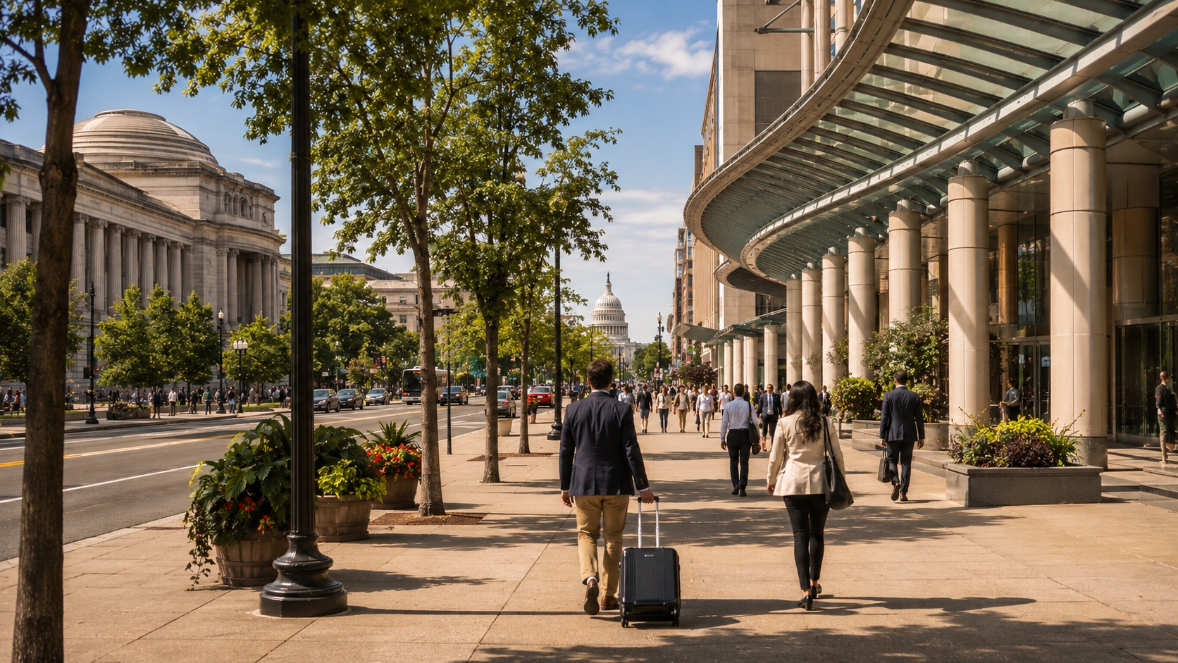 Travelers walking in downtown Washington DC near Walter E. Washington Convention Center, close to Hotel Washington, the White House, and National Mall.