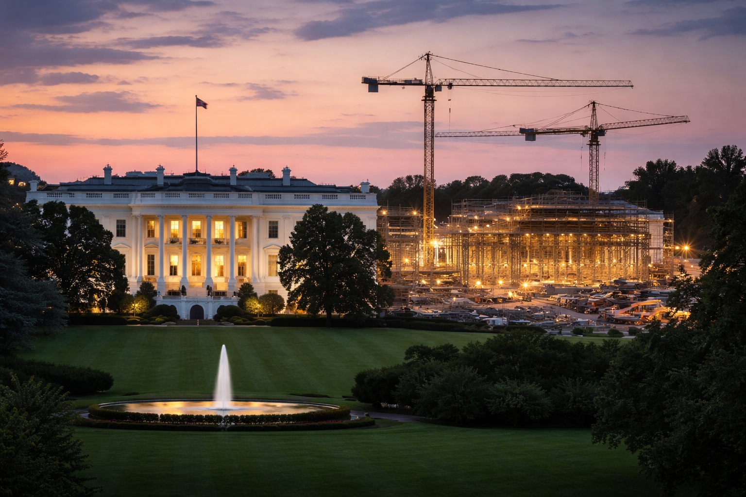 White House ballroom construction at East Wing modernization site in Washington DC showing large-scale expansion and architectural development