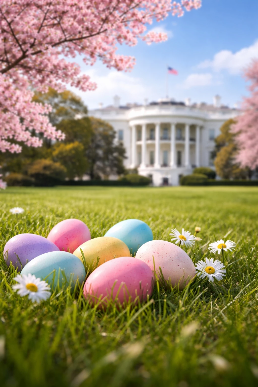 Colorful Easter eggs on grass with cherry blossoms and the White House in the background representing the White House Easter Egg Roll 2026