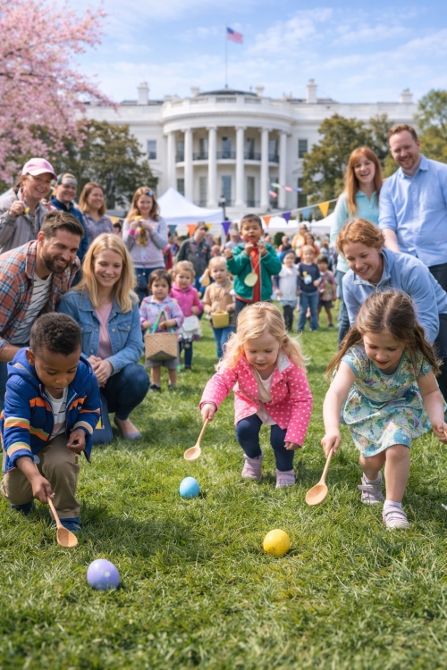 families and children participating in Easter Egg Roll activities on the White House South Lawn