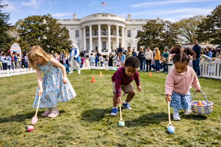 Children participating in the White House Easter Egg Roll on the South Lawn in Washington DC