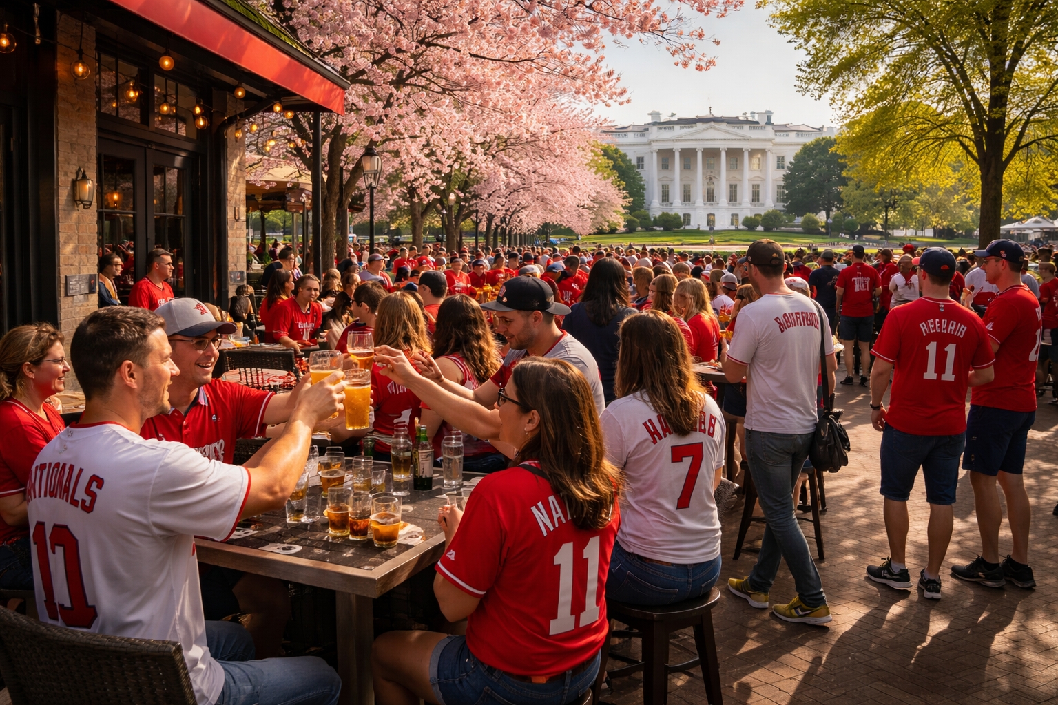 Baseball fans gathering at a bar near the White House in Washington DC before a Nationals game, with spring atmosphere and historic architecture