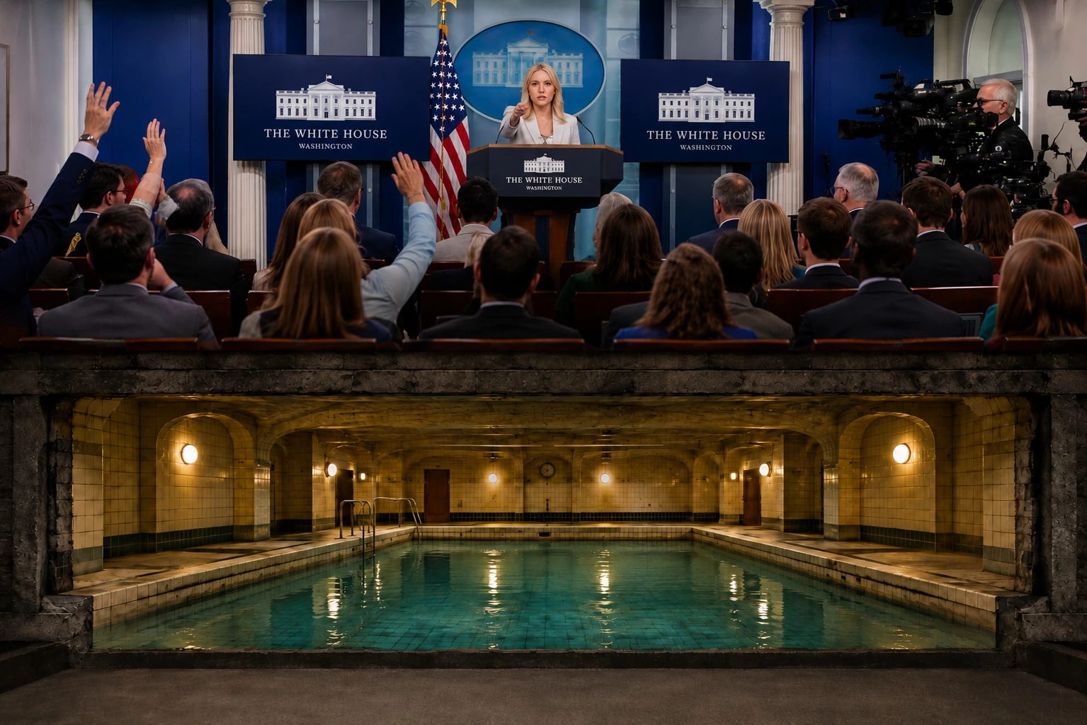 Composite image of the White House press briefing room above the hidden indoor swimming pool beneath it, showing the secret space below the podium.
