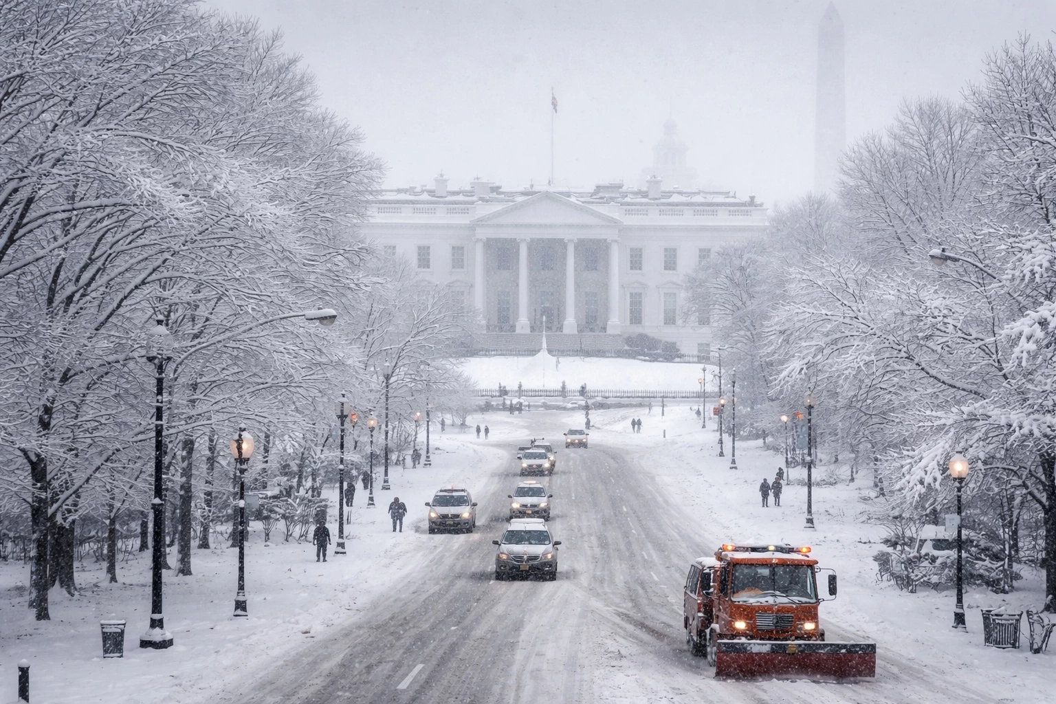Winter storm snowfall near the White House in Washington DC affecting travel and city streets