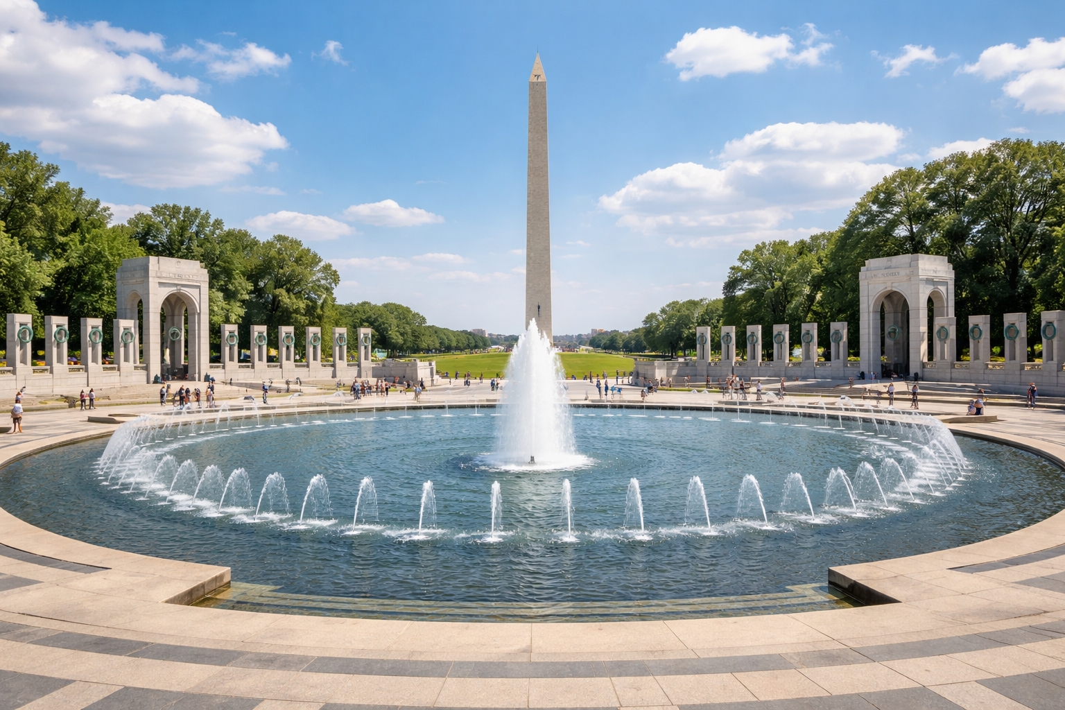 World War II Memorial Washington DC central fountain and granite pillars on the National Mall with the Washington Monument visible in the background.
