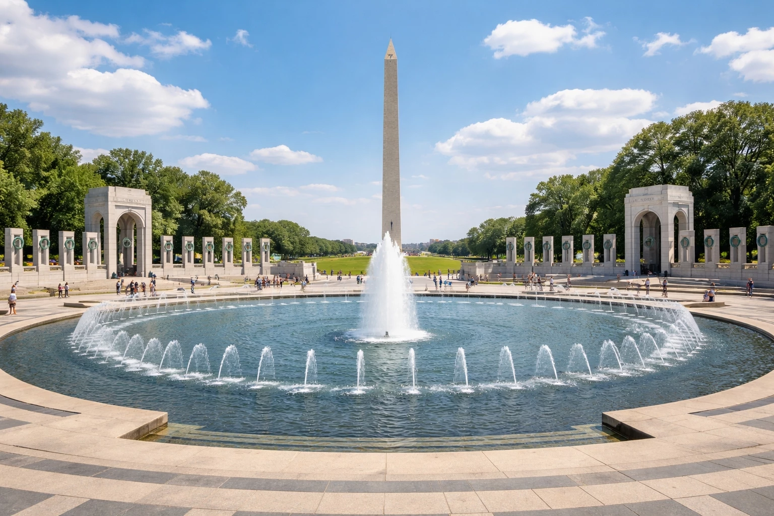 World War II Memorial Washington DC central fountain and granite pillars on the National Mall with the Washington Monument visible in the background.