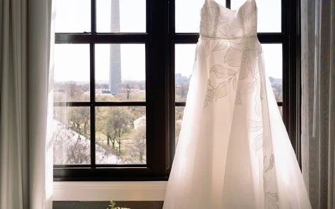 a wedding dress on a swinger in front of a window