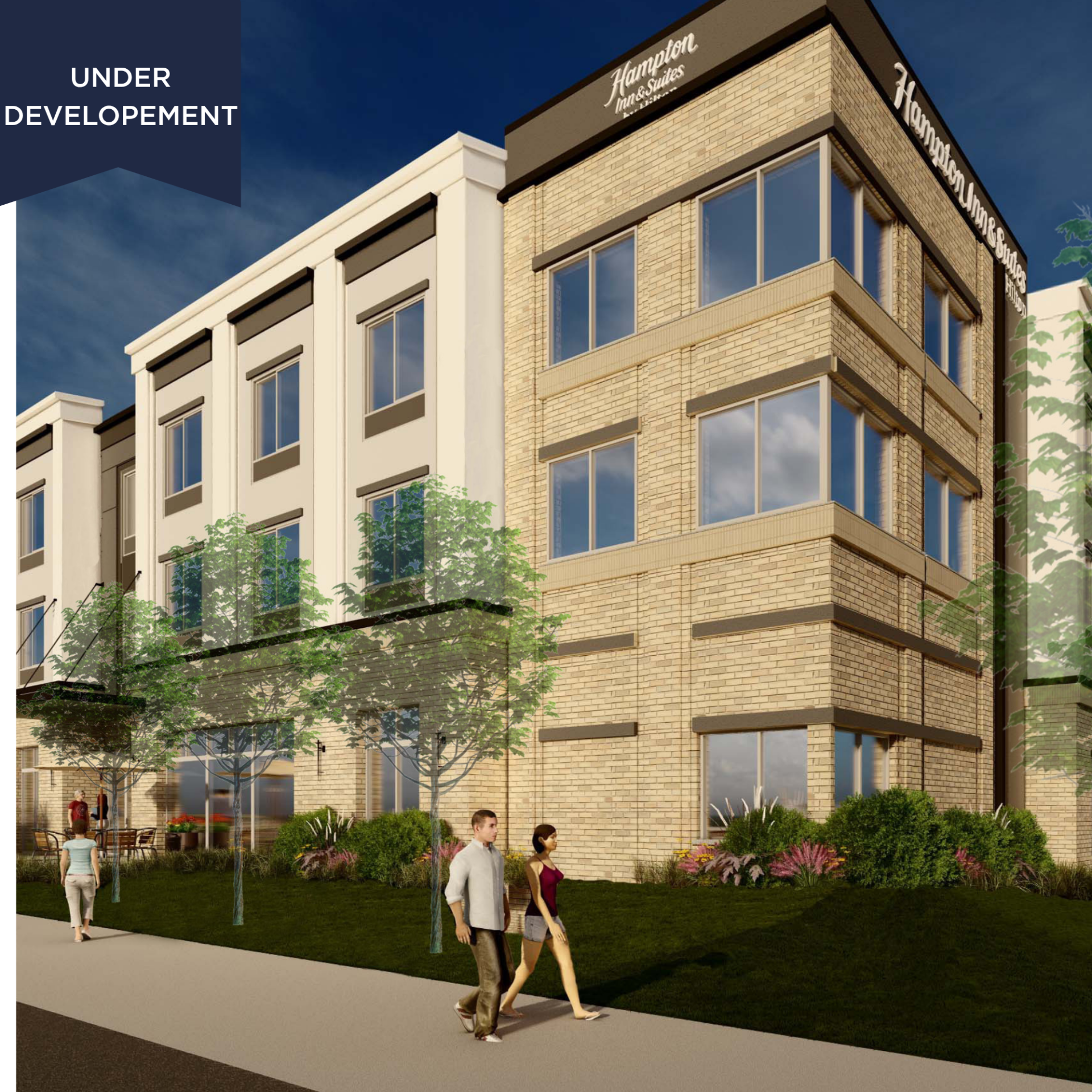 a building with people walking on the sidewalk