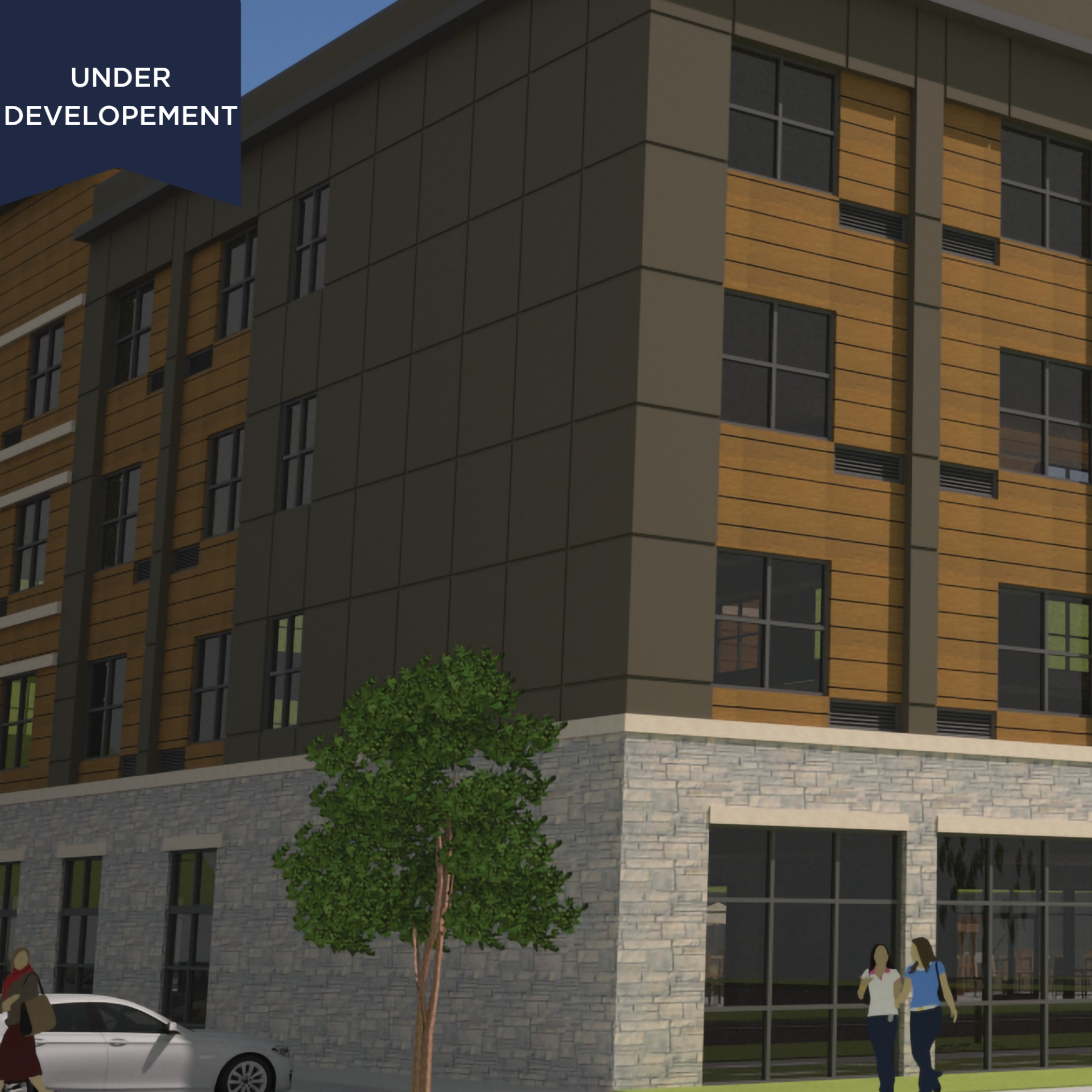 a building with people walking in front of it