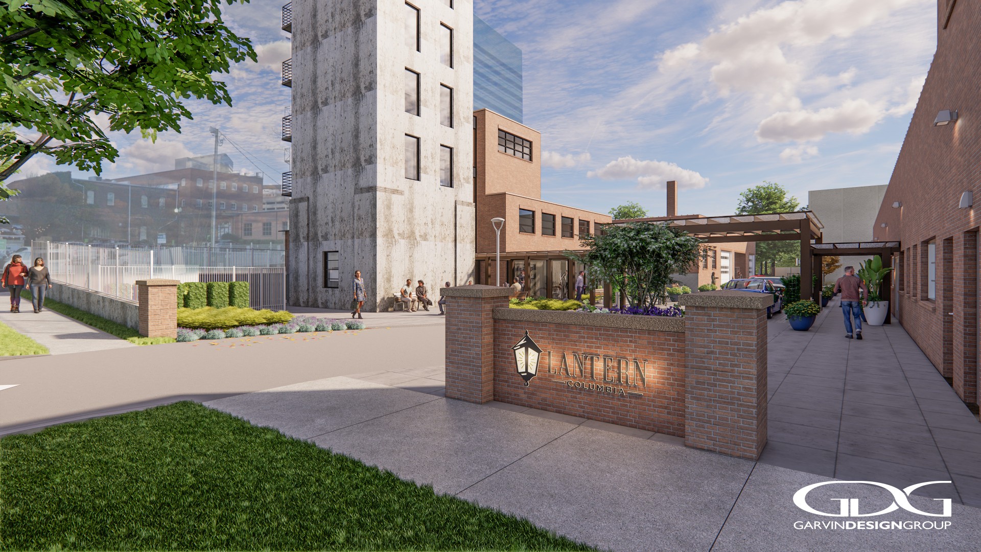 a brick wall with a sign in front of a building