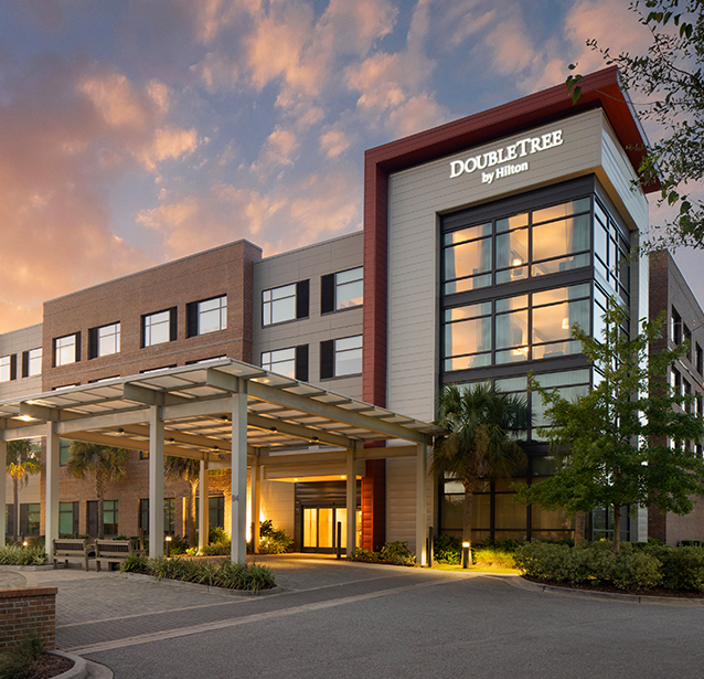 a building with a covered entrance