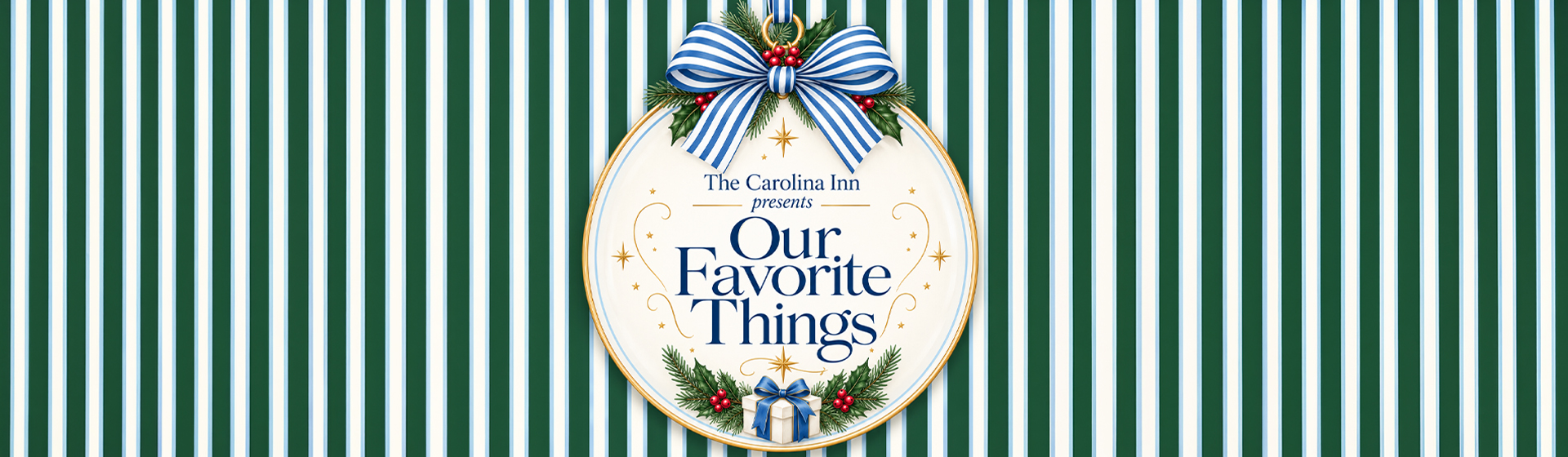 a white round sign with blue and white ribbon and a bow on a green and white striped background
