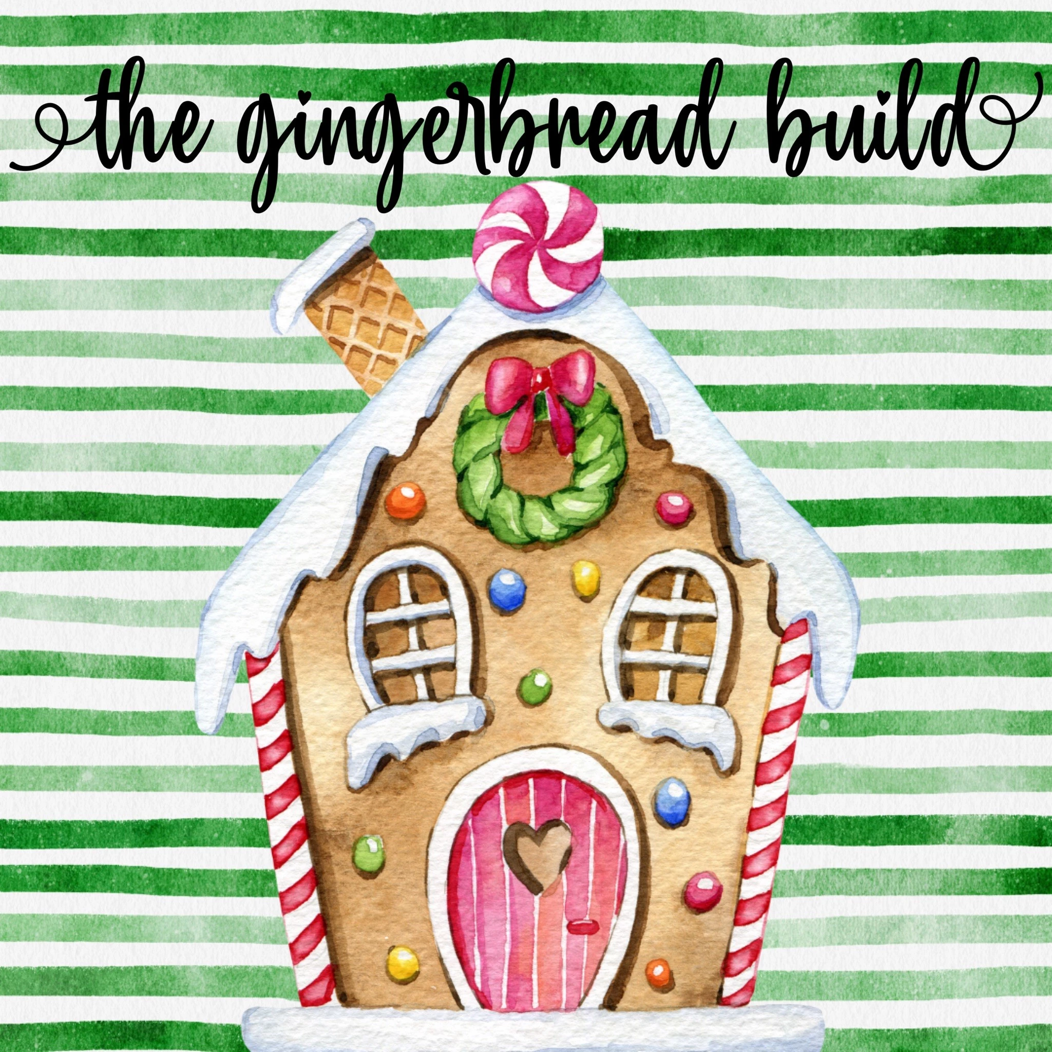 a watercolor gingerbread house on a striped background