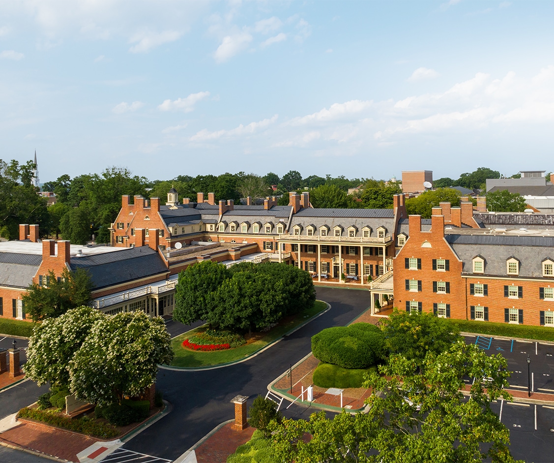 a building with trees around it