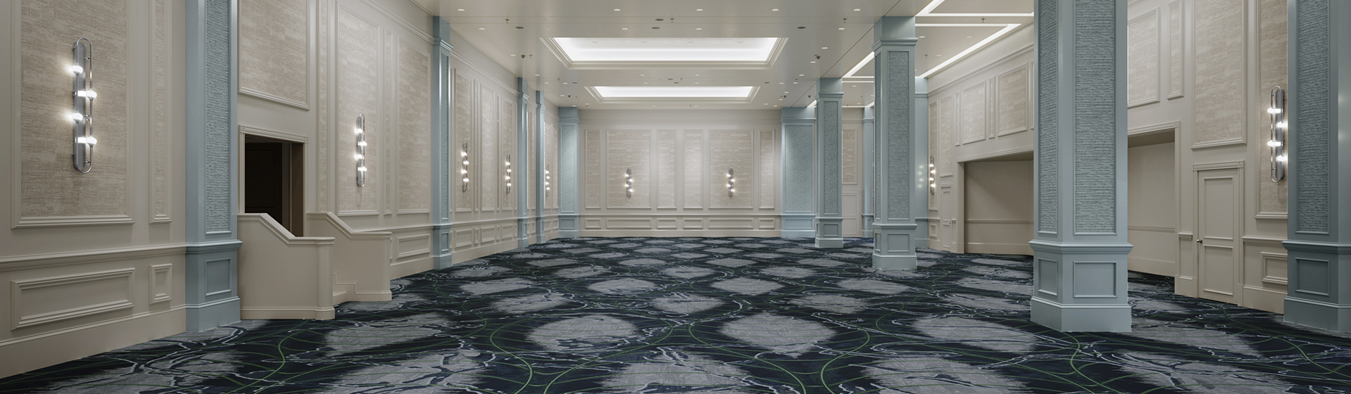 a room with blue carpet and white walls