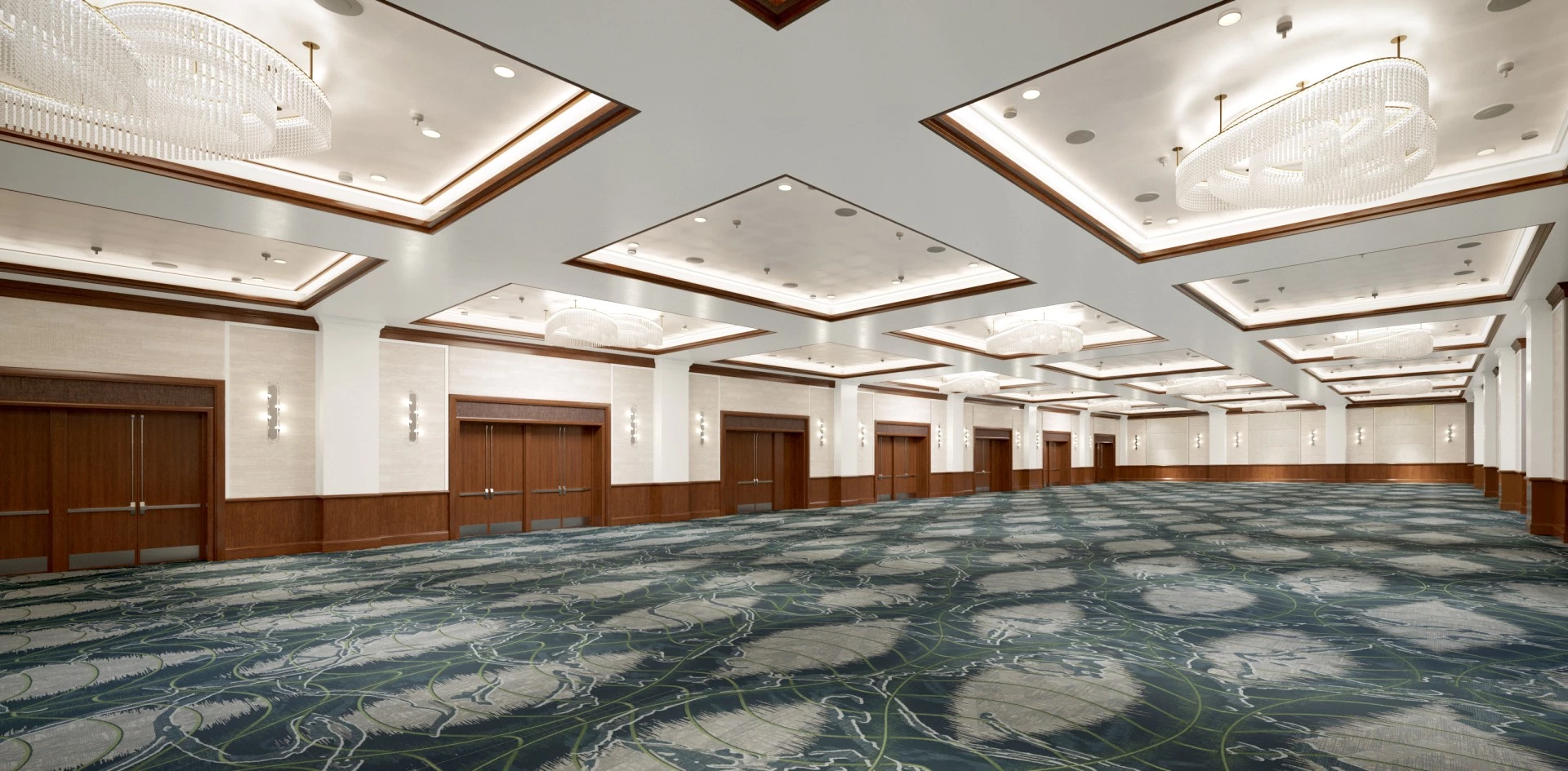 a large room with doors and carpet